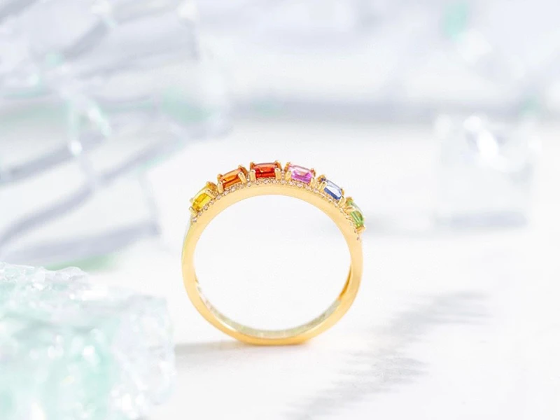 LUOWEND 100% 18K Yellow Gold Rings Natural Diamond Natural Color Sapphire Ring for Women Fashion Rainbow Design Party Jewelry