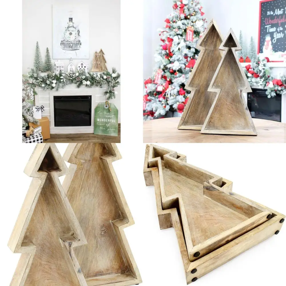 

Rustic Farmhouse Style Wooden Christmas Tree Serving Platters (Set of 2, Natural Finish)