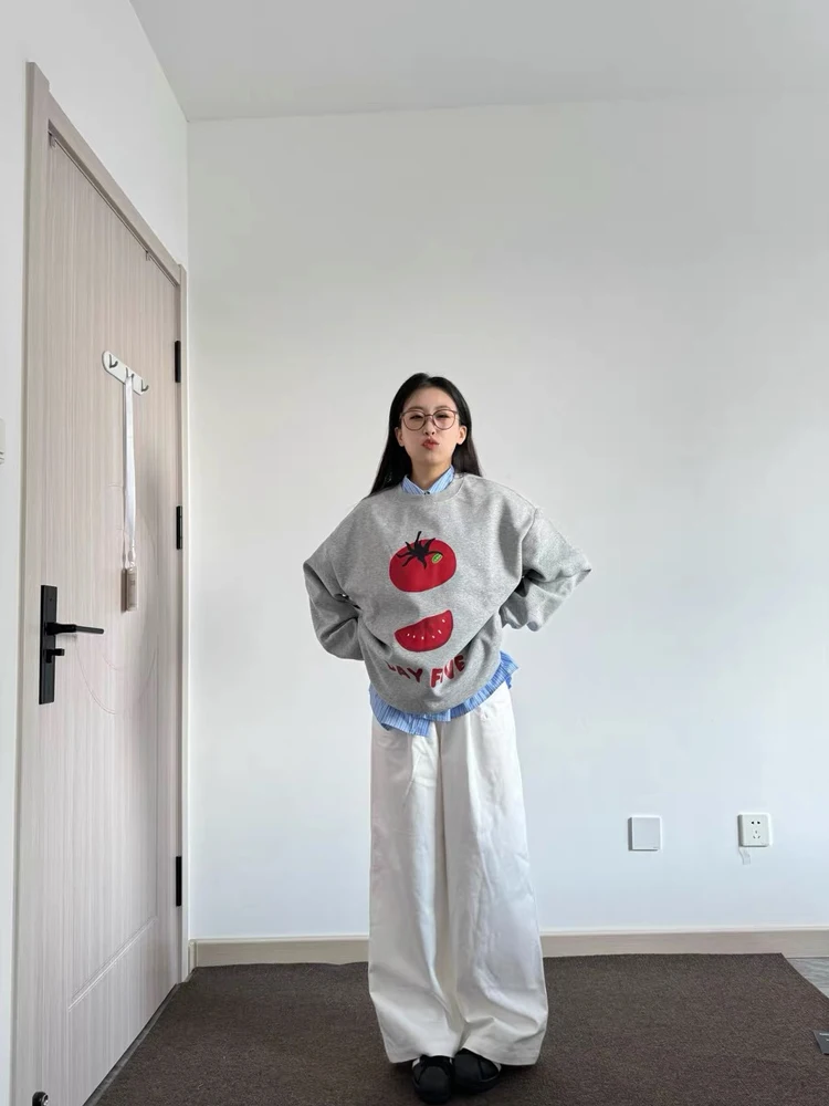 

ato ey Американский круглый свитшот в стиле ретро, женский весенне-осенний свободный топ Hong Sle Chic Hatl, удобный длинный крой...