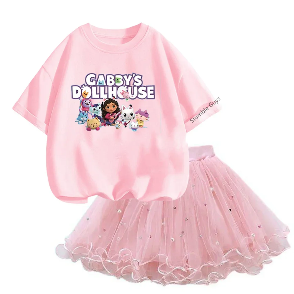 Summer Kawaii Gabbys Doll House Tutu Mesh Skirt Kids T-shirt Fashion 3-14y Girls Dress 2pcs Tshirt Set Outfits Pretty Little