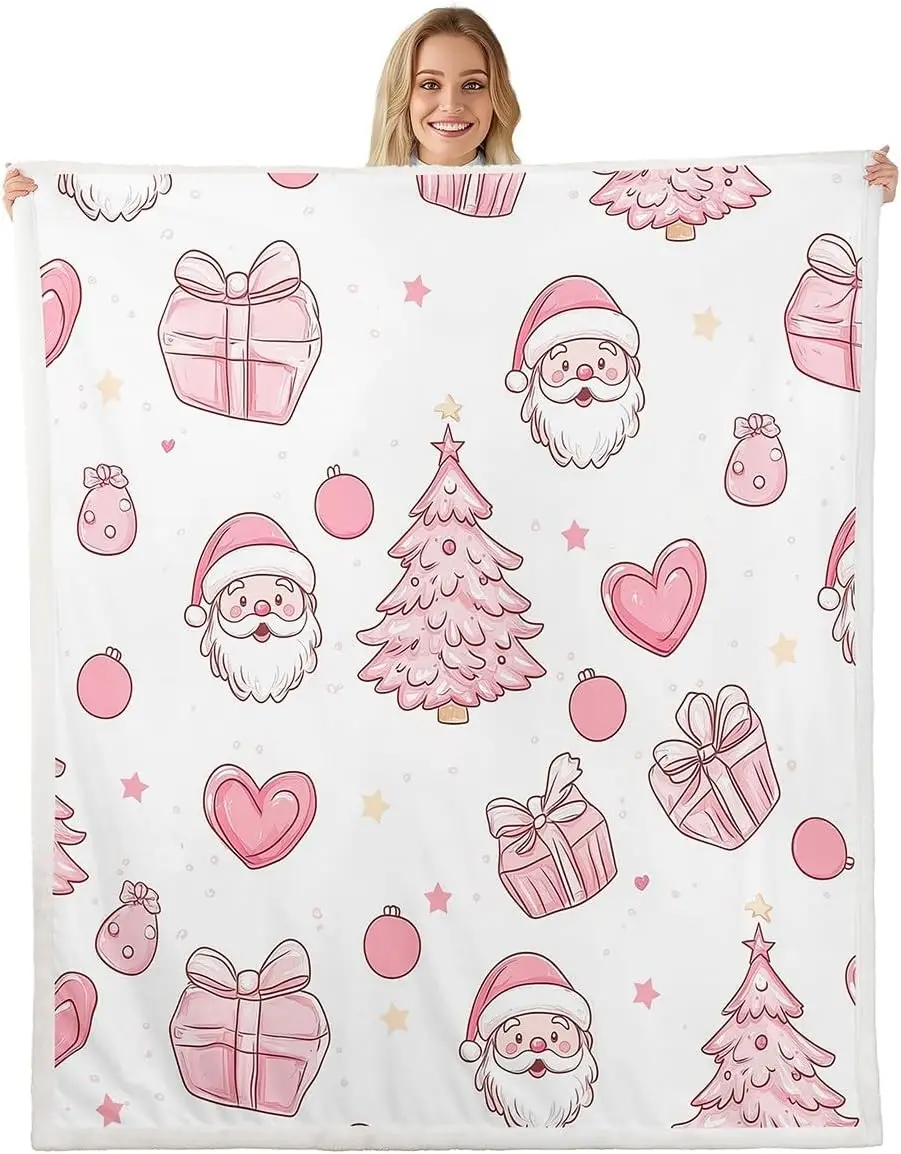 

Merry Christmas Throw Blanket Santa Claus Soft Fleece Sherpa Cozy Fuzzy Plush Warm Christmas Tree and Snowman Fuzzy Plush