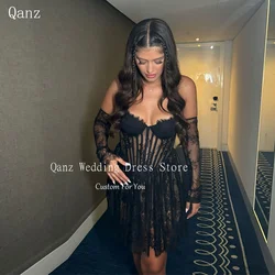 Qanz Black Illusion Prom Dresses Short Mini Lace Cocktail Dresses Removable Sleeves Vestidos Para Eventos Especiales Customized