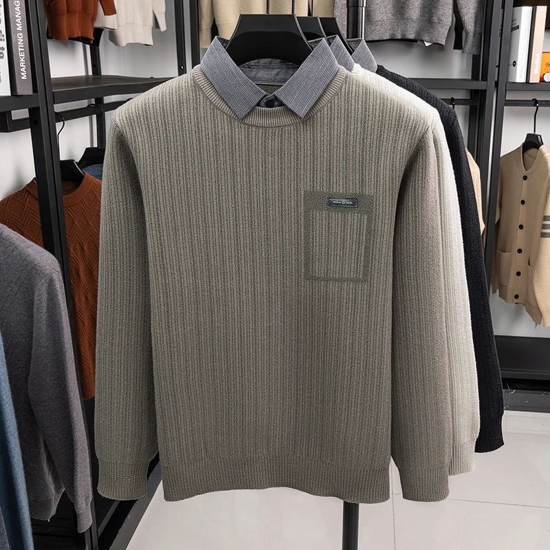 Men’s Knit Sweater Fake Two Piece Layered Design Long Sleeve Round Neck Pocket Detail Soft Fabric Casual Business Autumn Men’s