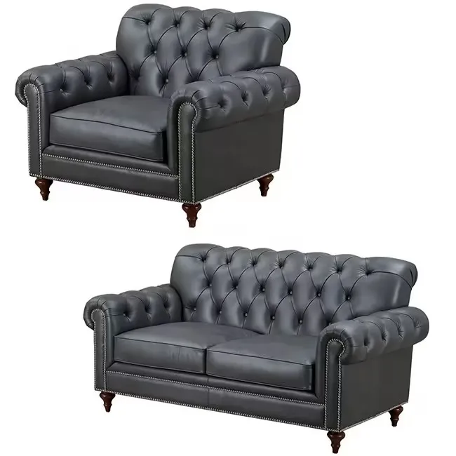 #Luxury American-Style Black Button Tufted Leather Sofa Custom 123 Seat Living Room Sofa Suit