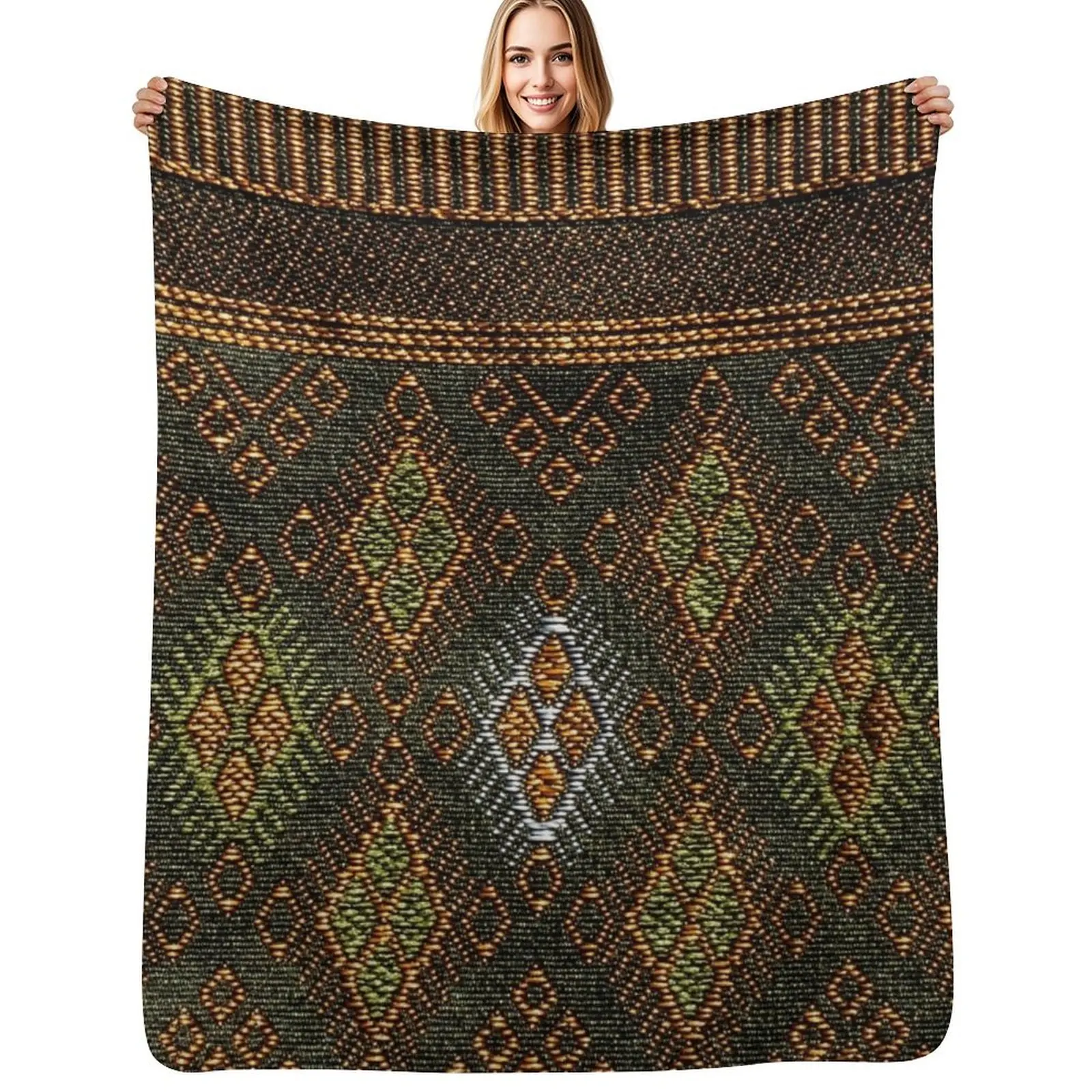 

Thai Silk - Green Gold Thai Traditional Silkworms Throw Blanket Plush Soft Plaid Flannel Blanket