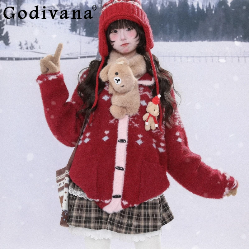 المخملية عيد الميلاد سترة حمراء المرأة الشتاء سميكة الدافئة سترة معطف الإناث النمط الياباني الحلو فضفاض سترة متماسكة #1