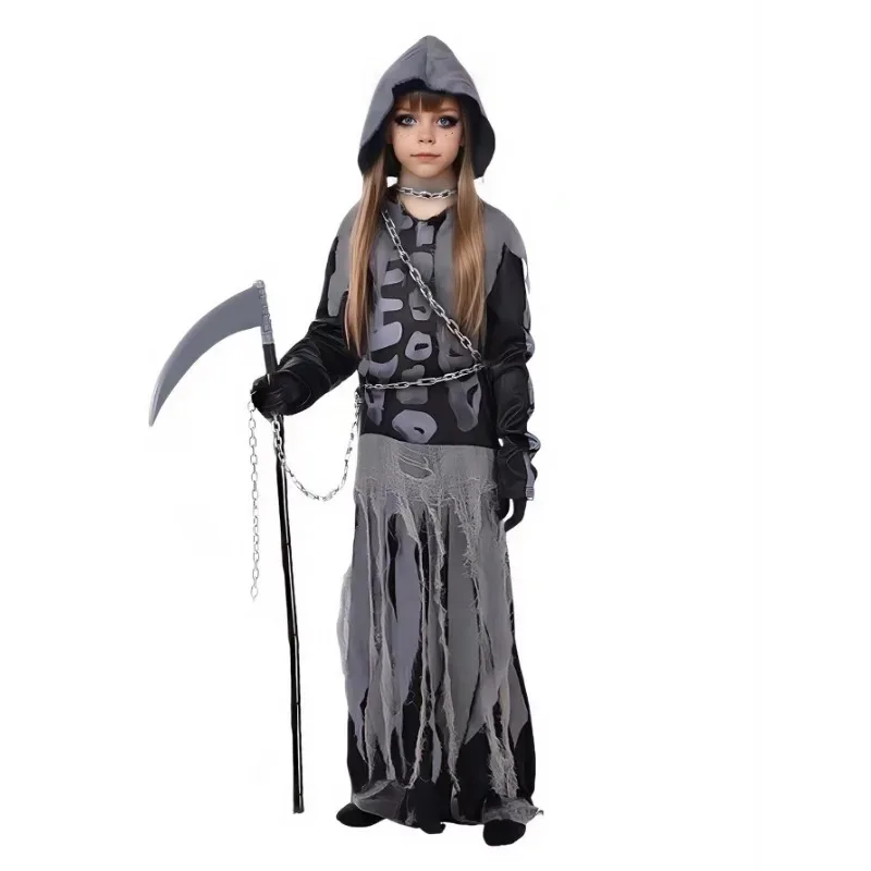 

Girls Ghost Skeleton Dress Halloween Horror Hooded Costume with Sickle Chain Props Kids Prom Performance Dress Up
