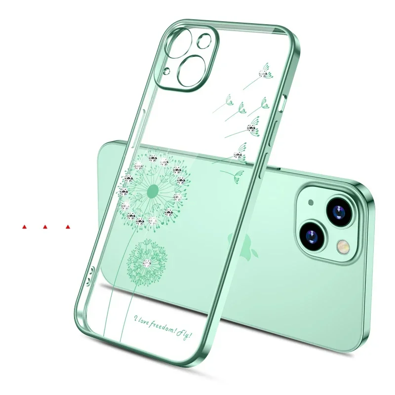 Luxury Dandelion Rhinestone Plating Soft Case for iPhone 12 13 11 14 Pro Max Plus Mini X Xs Xr Transparent Cover for Woman Girl image 6