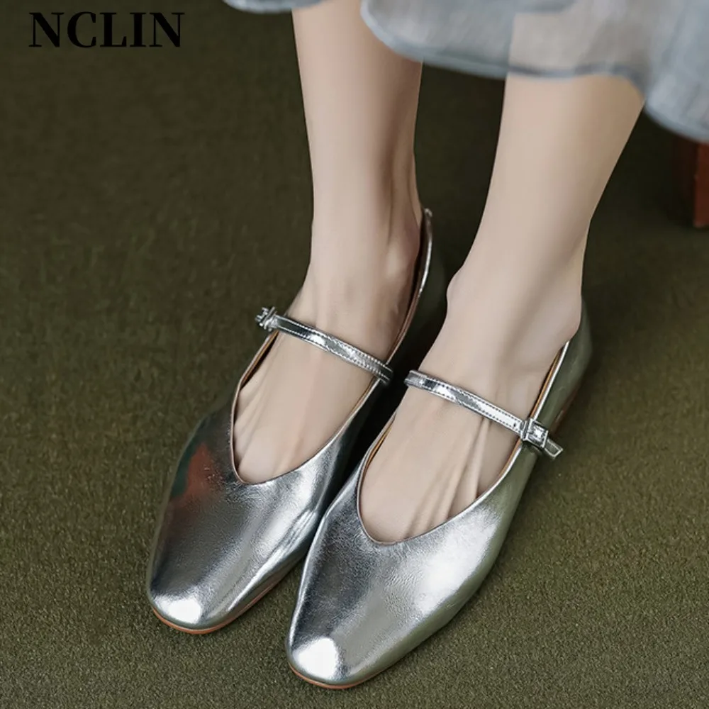 NCLIN Concise Comfortable Casual Women Flats Spring Autumn Office Ladies Genuine Leather Mary Janes Shoes Woman Retro Style 2024