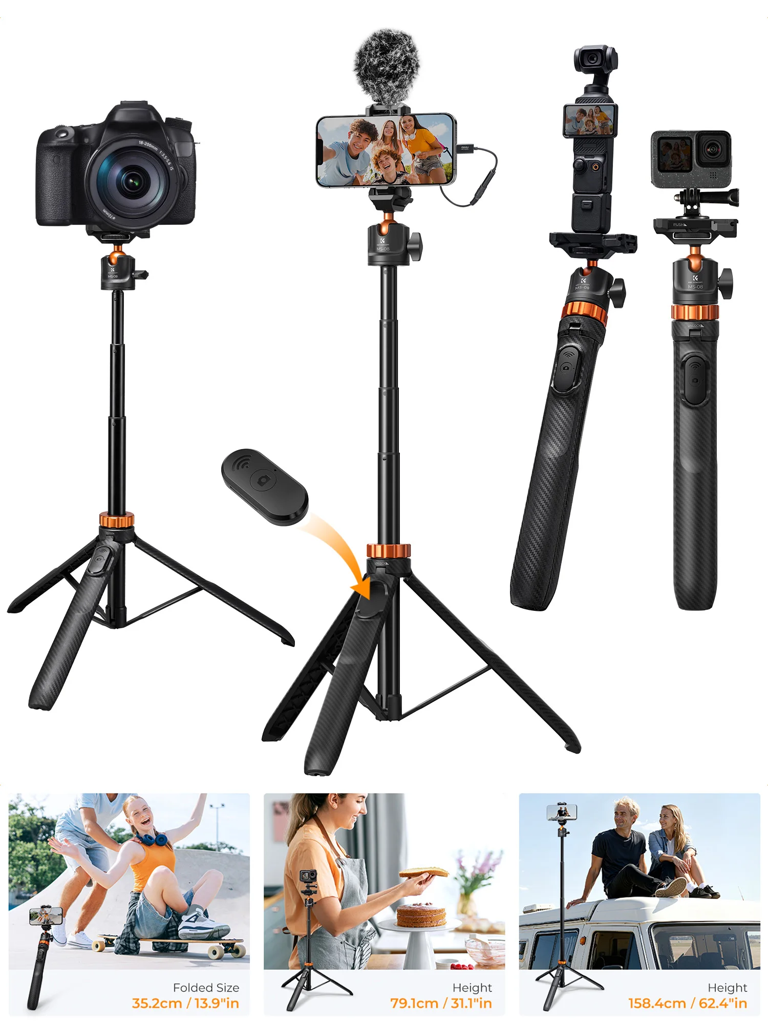 K&F CONCEPT MS08 Handy Selfie-Stick Stativ 159mm 2-in-1 Verlängerbarer Ständer mit Fernbedienung 360° Kugelkopf für DJI Osmo Pocket 4 3