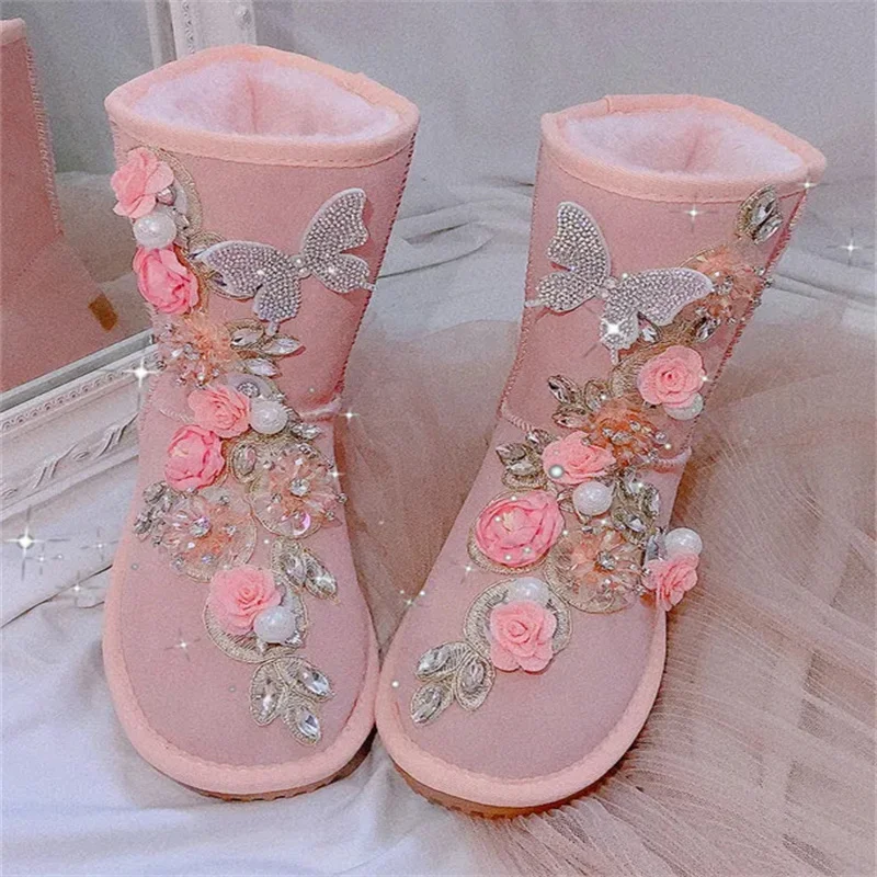 Original three-dimensional flower rhinestone Jewel beaded sequin pearl fur one-piece women's boots Pink Snow boots 35-39