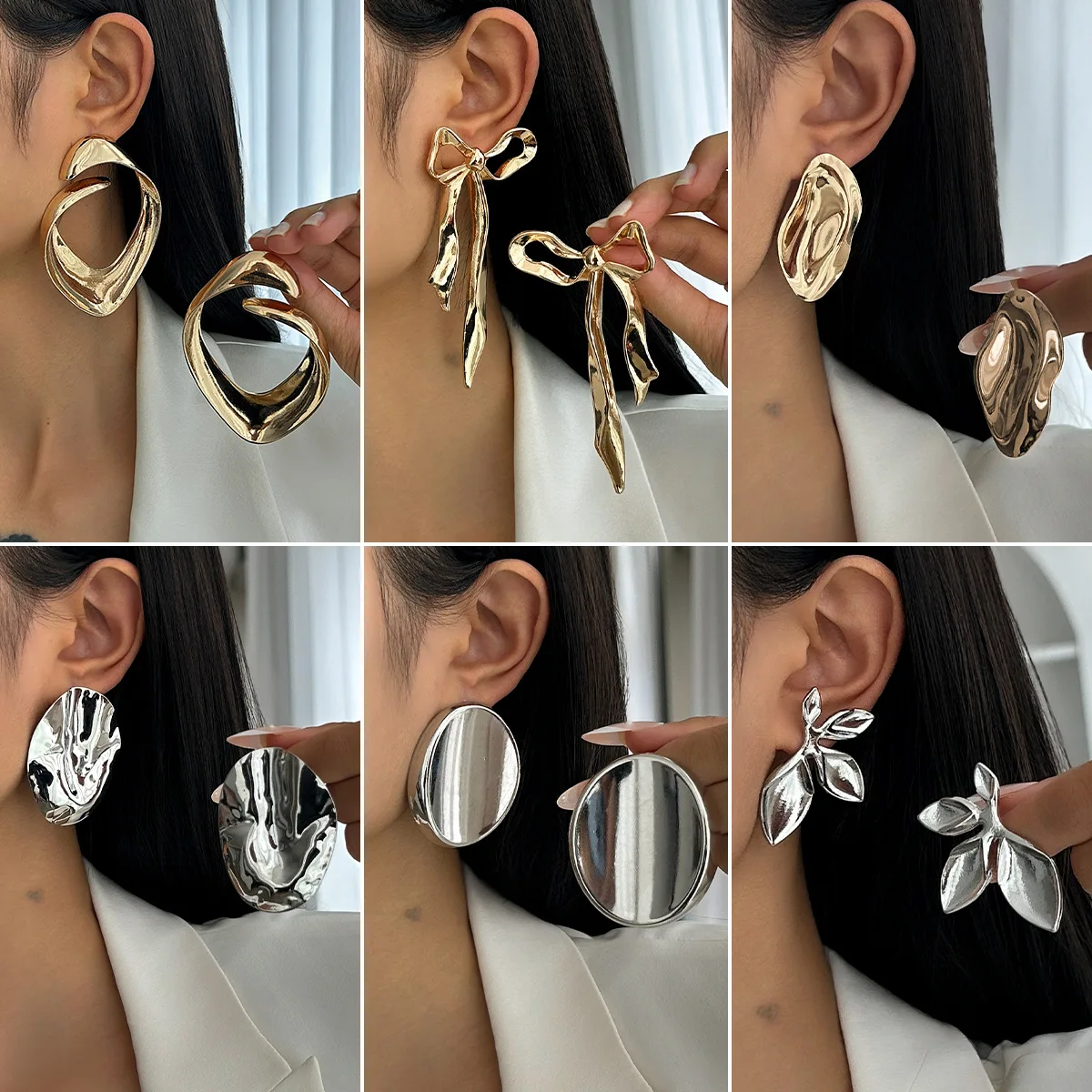 ins metal three-dimensional bow stud earrings, geometric irregular pleated corrugated smooth petal earrings