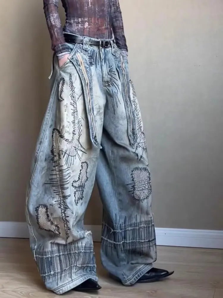 Grote maat Amerikaanse straat retro gewassen noodlijdende gebogen mes jeans wijde pijpen denim losse sikkelbroek Y2k baggy jeans vrouw