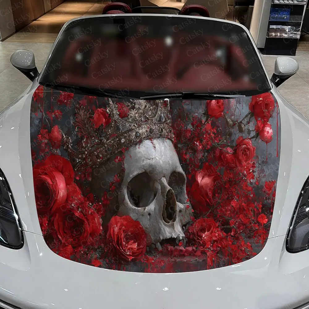 غلاف فينيل للسيارة على شكل جمجمة وردية، ملصق غطاء محرك السيارة المقاوم للماء من مادة PVC، ملصقات ذاتية اللصق مقاومة للخدش لتغطية المحرك