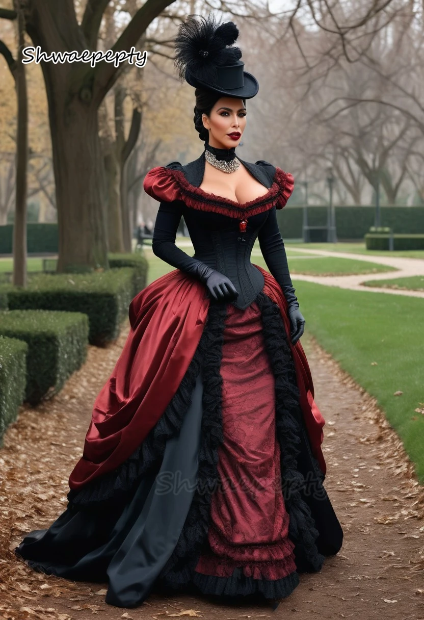 Vintage Victorian Prom Dress Burgundy And Black Bustle Special Occasion Gown Puff Long Sleeves Customized Ruffles Evening Wear image 2