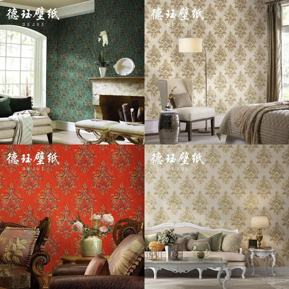 European style gold foil wallpaper damask large flower living room bedroom TV background wall non woven wallpaper green red