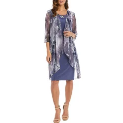 Plus Size Printed Cardigan Mesh 3/4 Sleeve Two Pieces Purple Knee Length Midi Dresses (Without Necklace)