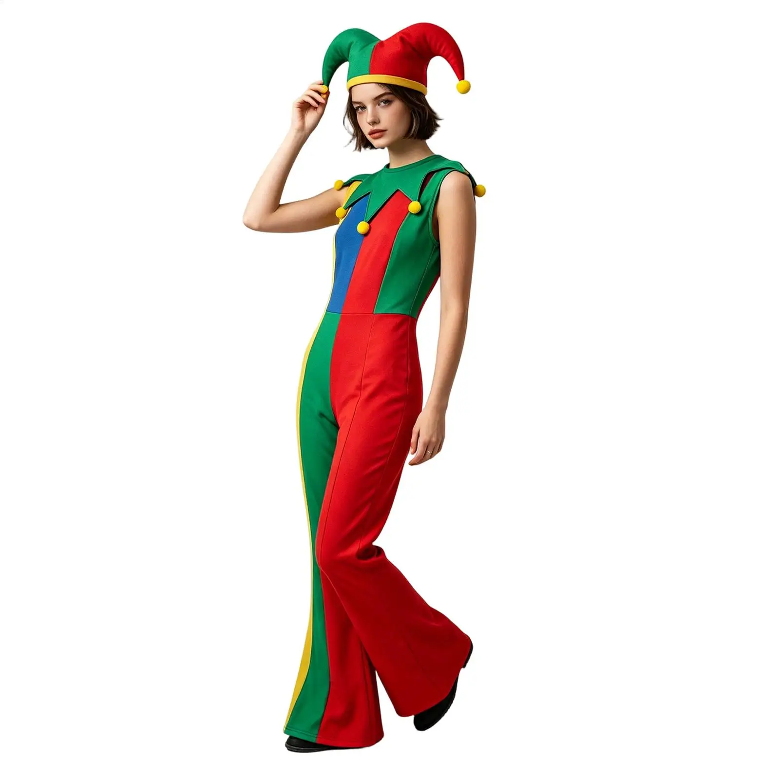 Clown Suit Funny Color Blocking Cosplay Costume With Hat Holiday Dress Up Party Outfit For Stage Masquerade Carnival Prom