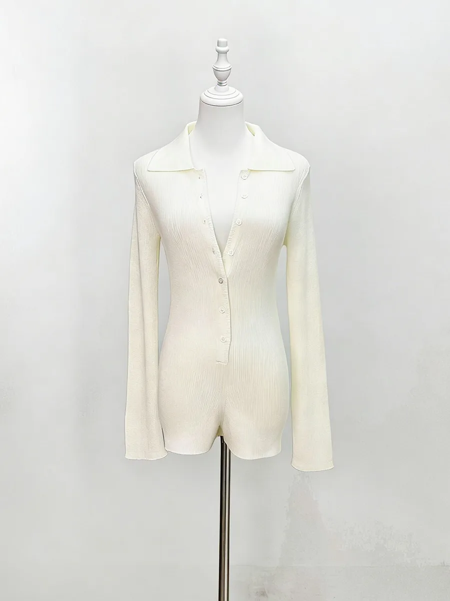 Mono de Punto TWOTWINSTYLE, Ajustado, con Cuello Solapa, Manga Larga, Estilo Minimalista para Mujer