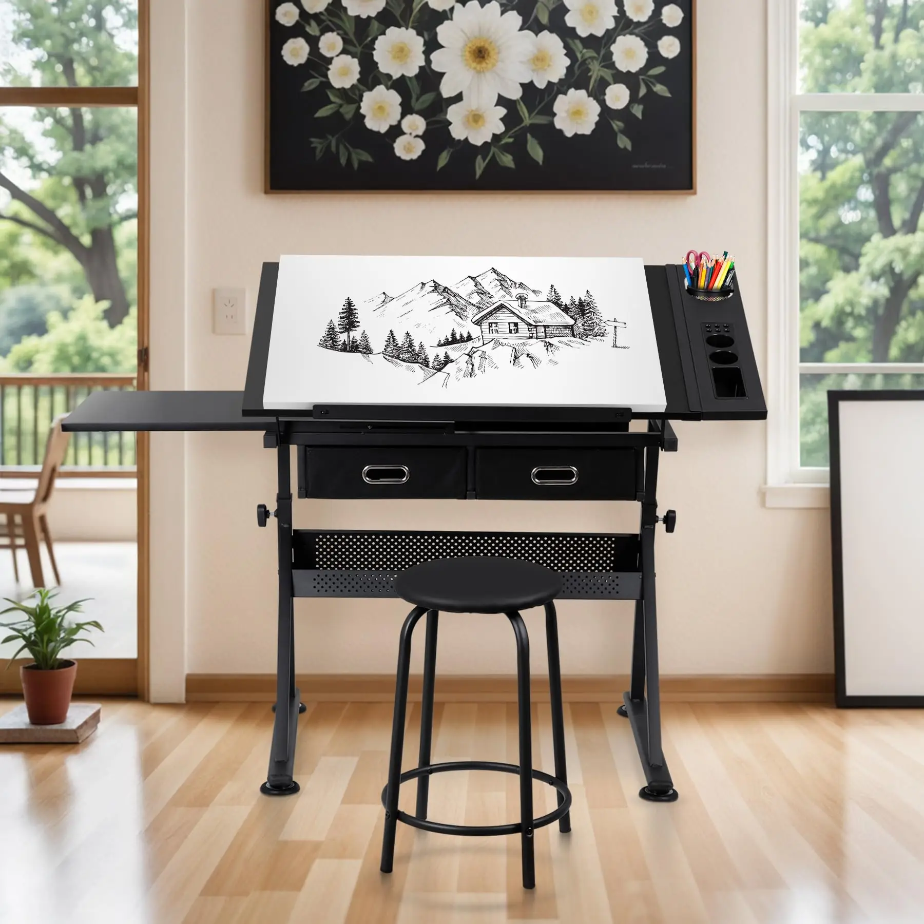 Adjustable Drafting Table with Stool Tilting Drawing Desk Artist Table