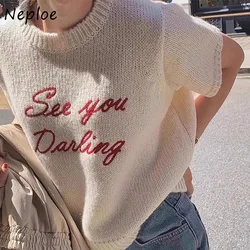 Neploe Korean Fashion O-neck Letter Sweater Mujer Spring New Loose All-match Knitted Tops Women Y2k Short Sleeve Pullovers