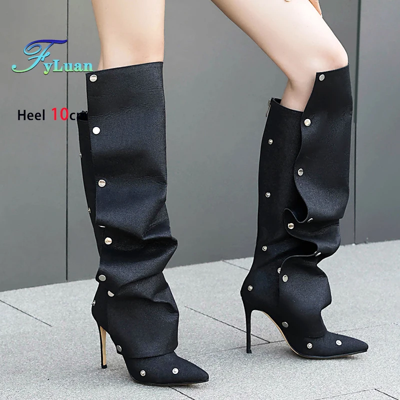 

Серебристые высокие сапоги на шпильке 10 см, блестящая интересная обувь для вечеринок в ночном клубе, женские остроконечные осенне-зимние высокие сапоги, размер 48