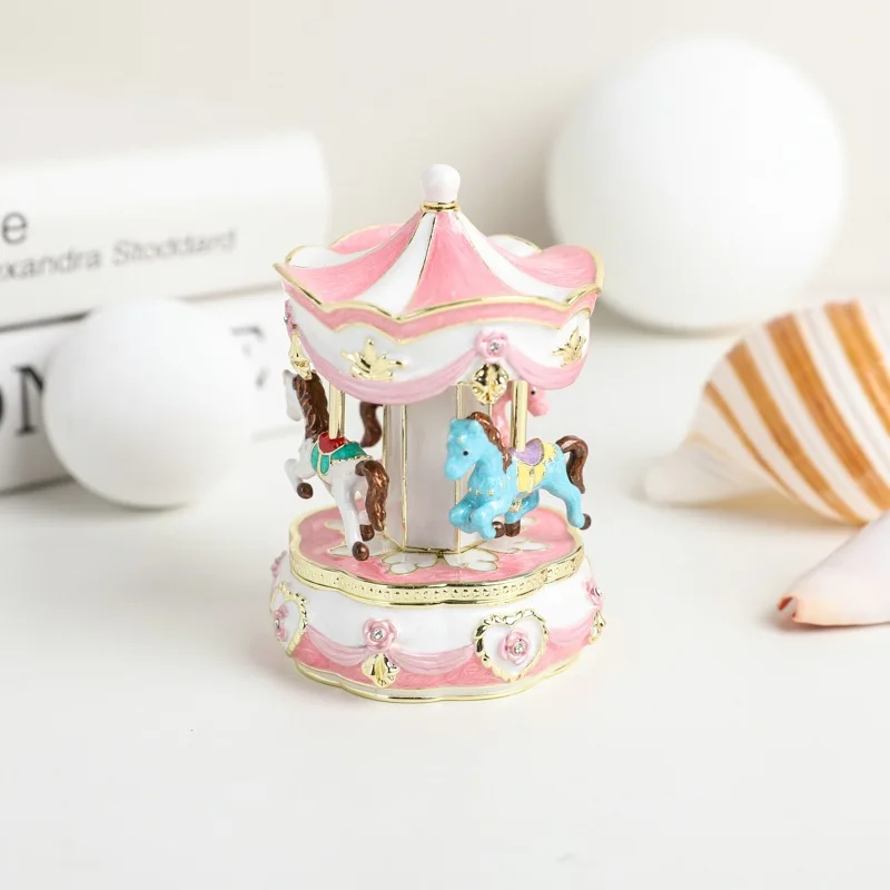 SHINNYGIFTS Merry-go-round Music Boxes Hand Painted Enamel Metal Carousel Horse Musical Box for Kids Room Decor Birthday Gifts
