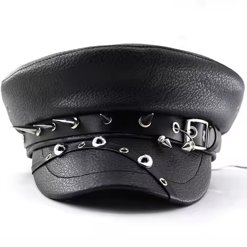 Women's Trendy Beret Black Pu Leather Flat Top Captain Military Caps Women's Accessories - Image 2