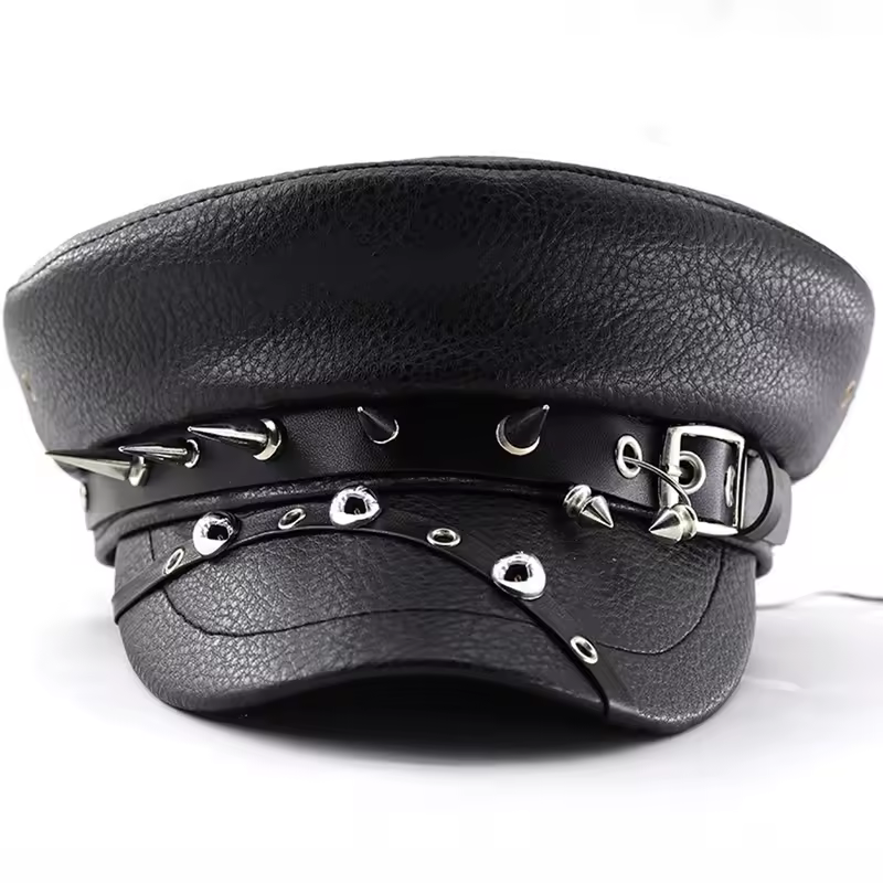Women's Trendy Beret Black Pu Leather Flat Top Captain Military Caps Women's Accessories - Image 2