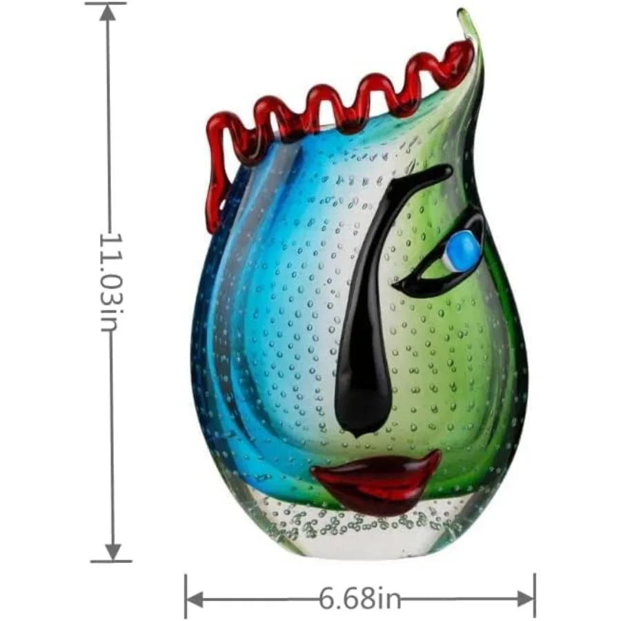 Hand Blown Art Glass Vase for home decor Murano-style glass multicolored unique face design and artisanal craftsmanship
