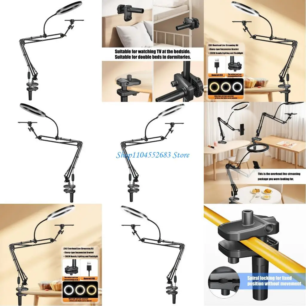 Y6GD Overhead Camera Mount with Rings Light 360 Rotating Metal Arm Phone Holder Video Recording Phone Mount Enduring