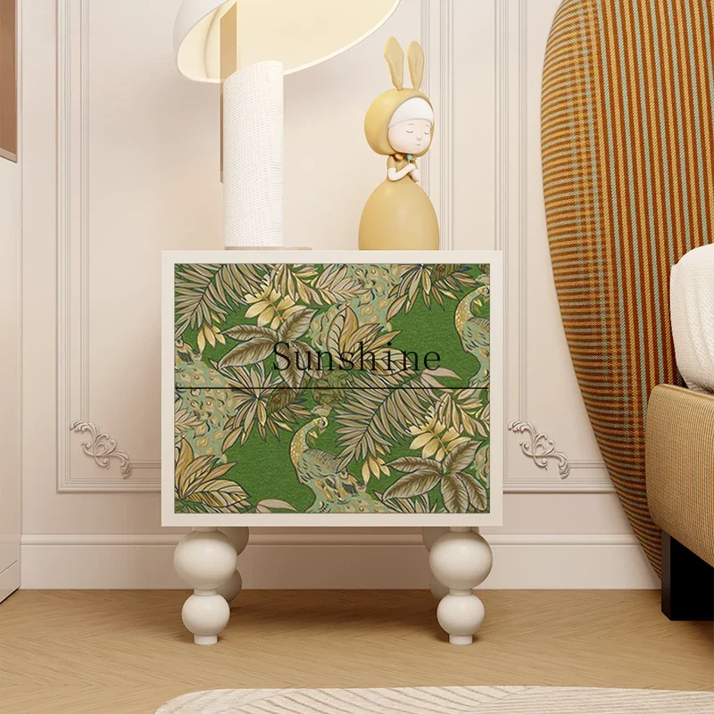 European simple modern green flowers and birds solid wood storage drawer storage bedside table