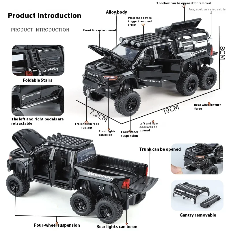 1:32 Tiranossauro Rex RAM 6X6 Pickup Truck Modelo Liga Fundida Veículo Off-Road Infantil Toy Boy Gift