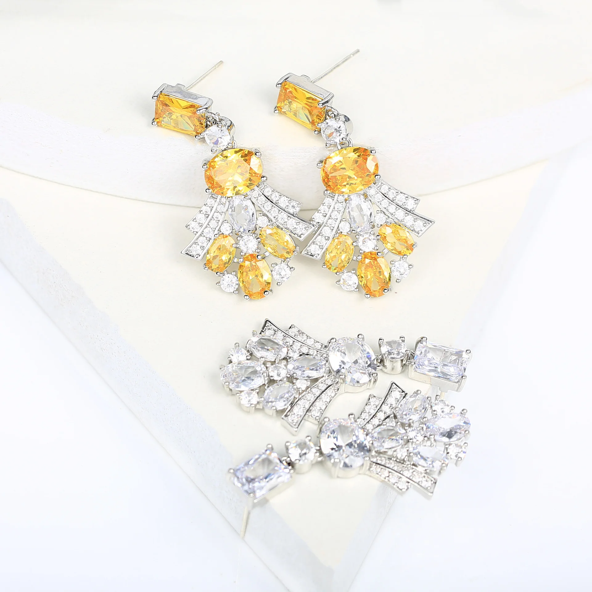 

925 Silver Yellow Citrine CZ Drop Earrings, Sparkling Fan Shape Dangle, Luxury Bridal Wedding Jewelry for Women