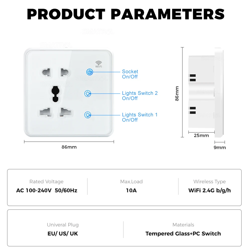 Tuya Wifi Wall Smart Socket 2Gang Switch Light Touch US EU UK Plug Tempered Glass Timing Electrical App For Google Home Alexa