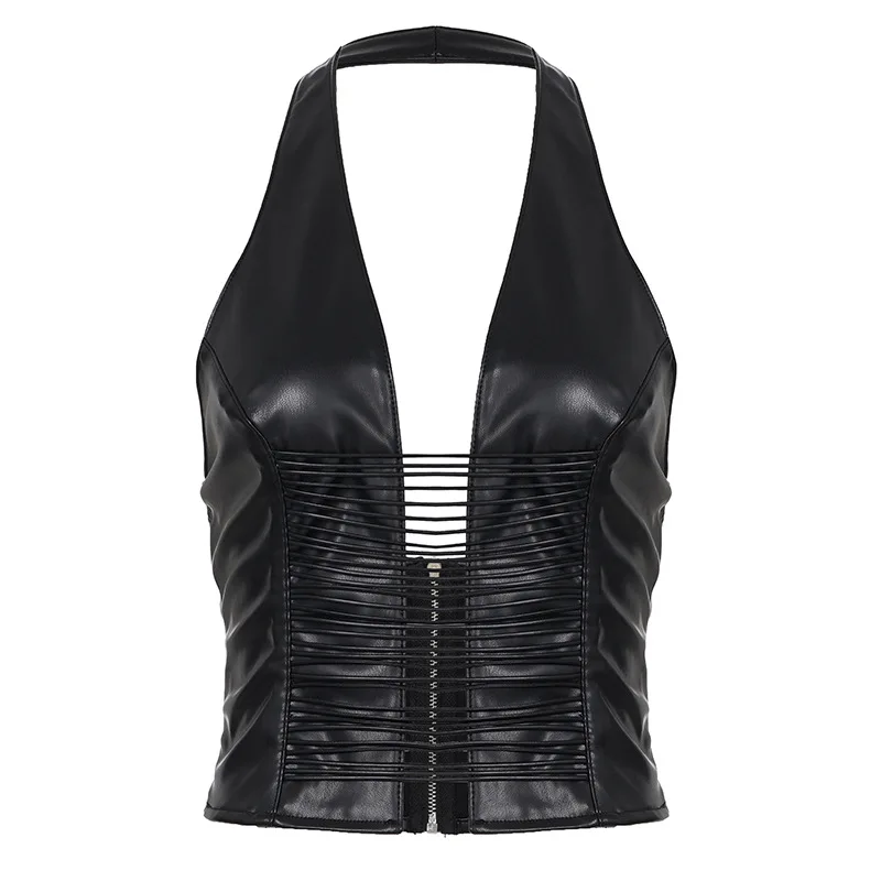 

2026 New Fashion Pu Leather Halter Neck Sling Backless Crop Top Street Style Strap Sexy Hottie Vest