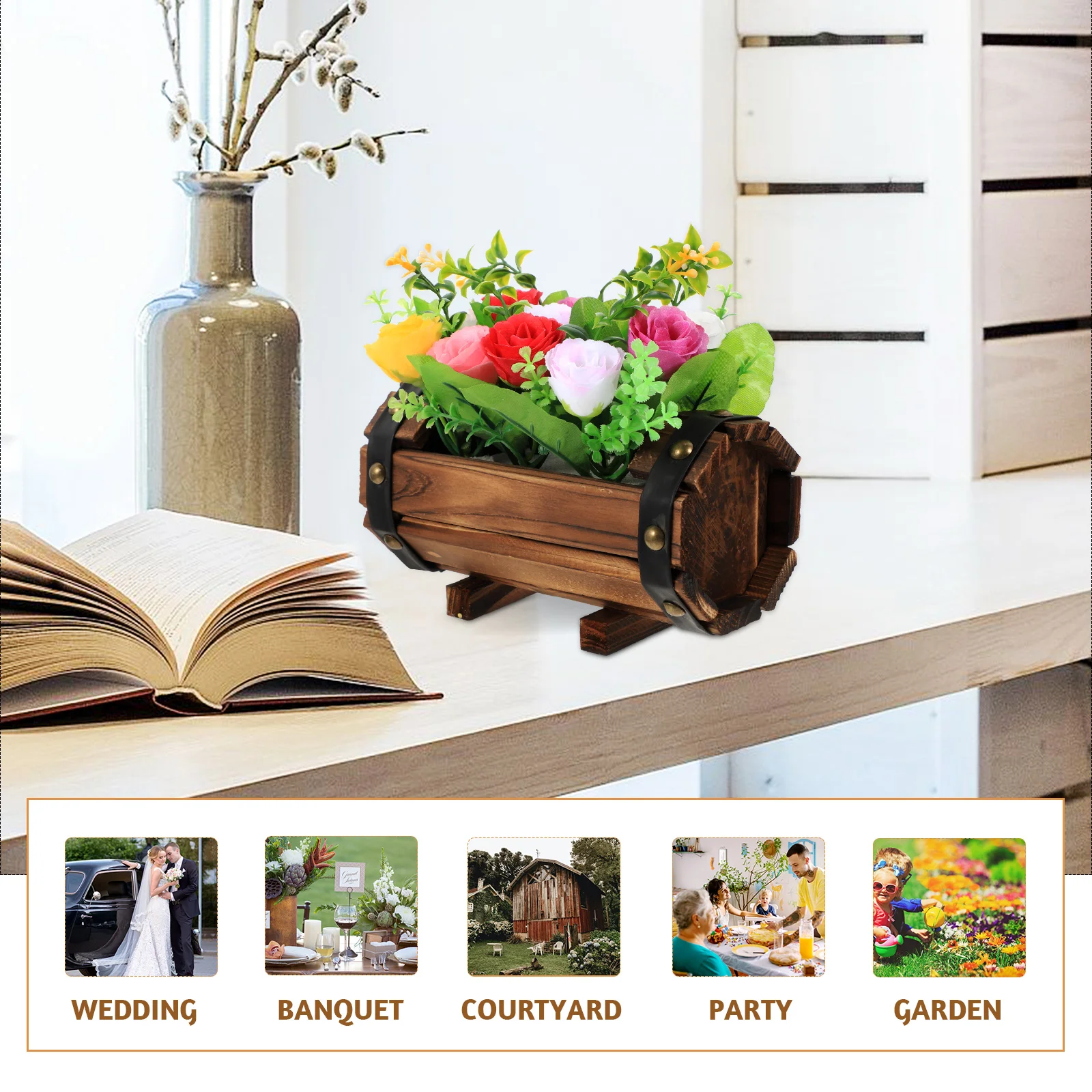 

Artificial Flowers Decorative Bonsai Realistic Plants Rustic Wooden Pot Home Wedding Party Garden Banquet Centerpieces