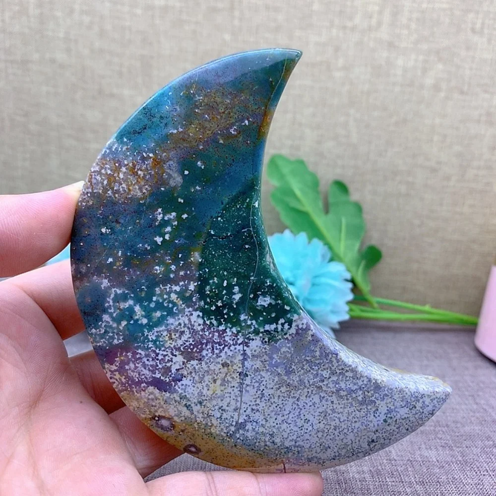 

Quartz Stone Natural Ocean Jasper Beautifully Hand Carved Moon Shape Ore Specimen Healing Gemstone Home Decor Energy Gift