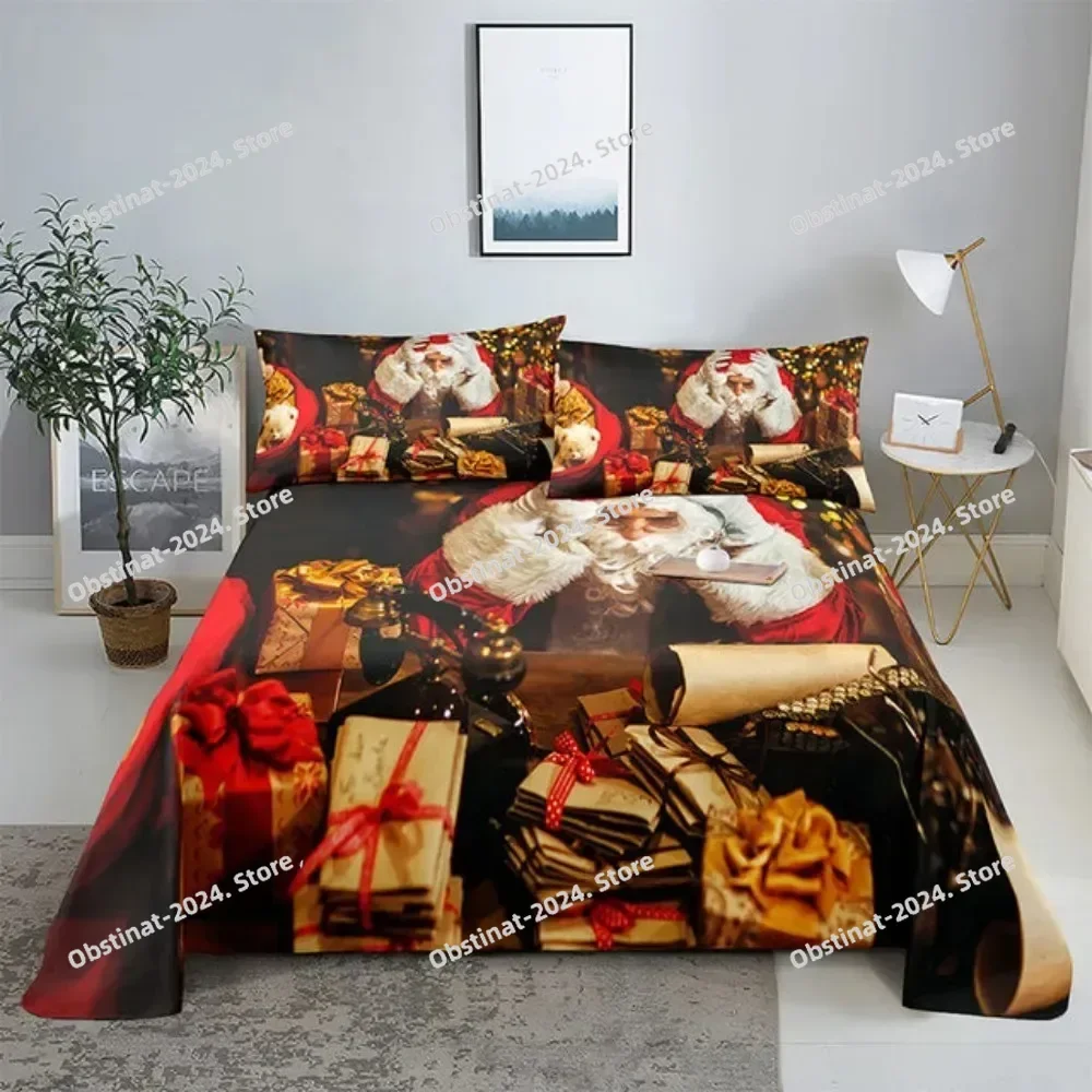 

Top Merry Christmas Bed Sheet Set with Pillowcase Print Santa Claus Home Decor New Year King Queen Full Size Red Bed Flat Sheet