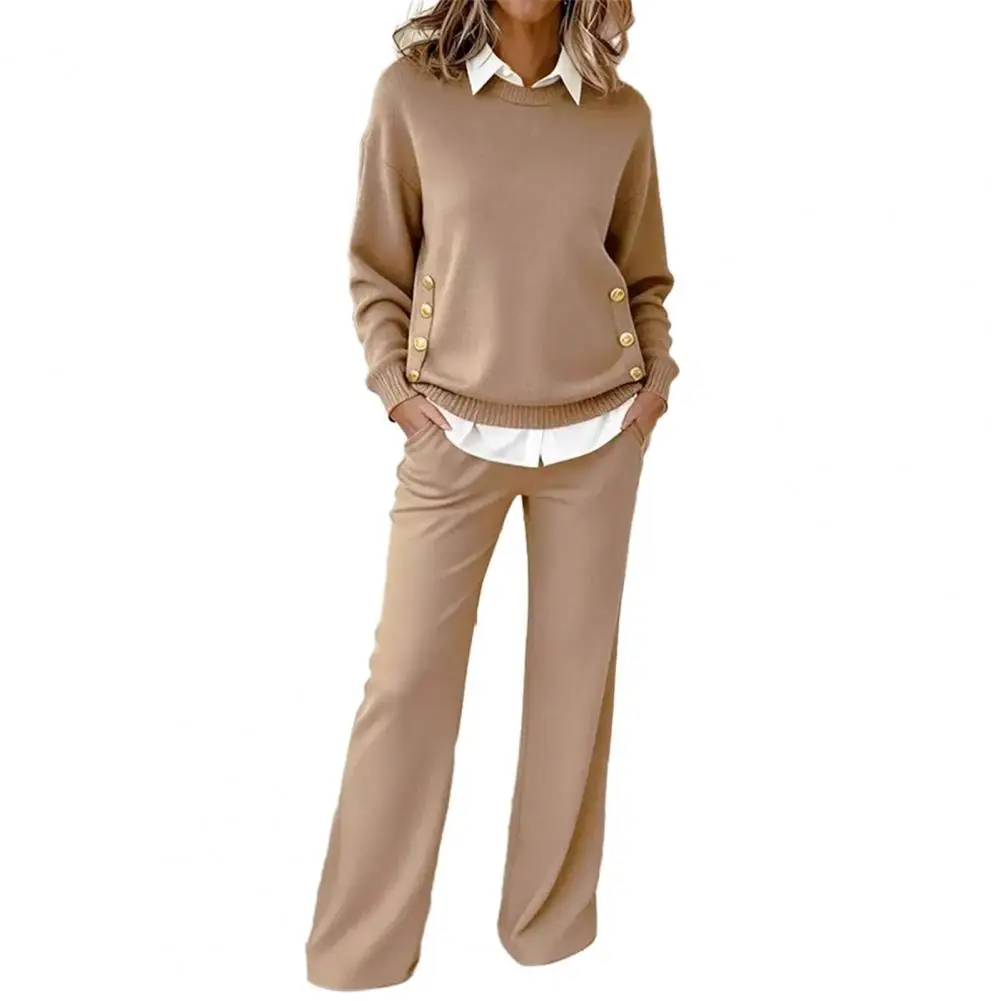 Simple Design Women's Suit 2 Piece Outfit Splicing Fake Two Piece Sweatshirt Wide Leg Pants Set Fall Casual Tracksuit Lounge Set