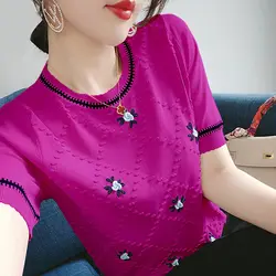 Fashion O-Neck Embroidery Floral Oversized Knitted Blouse Summer Casual Pullovers Elegant Women's Clothing Loose Commute Shirt