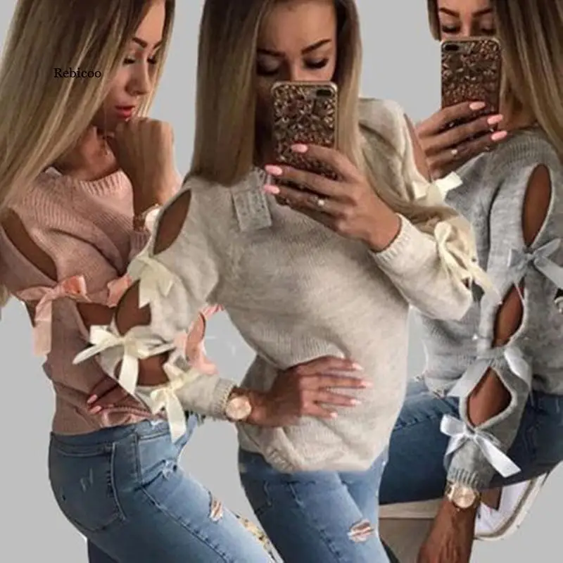 New Women Bow Hollow Out Long Sleeve Warm Sweater Pullover Knitting Bow Loose O-Neck Tops Blouse Knitwear