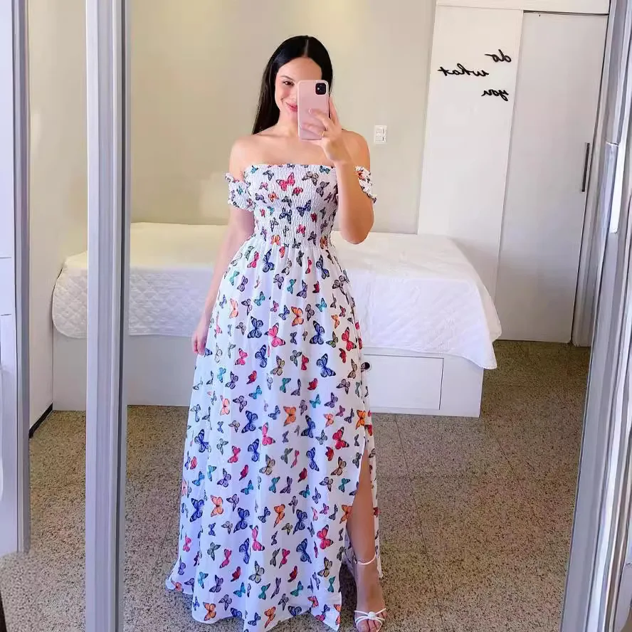 Women Fashion One Shoulder Printed Split Sweet and Elegant Butterfly Rainbow Long Dress lady dresses flower  Solid colorful