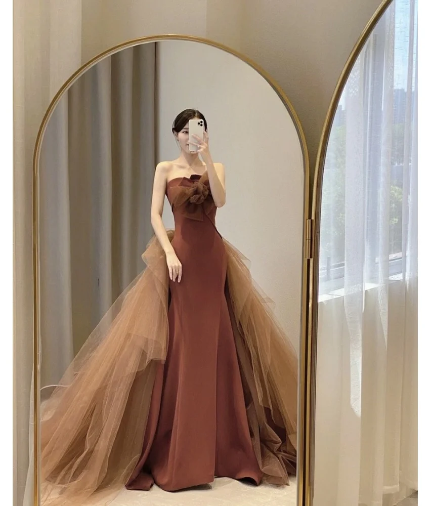 

Customized Exquisite Jersey Mermaid 3D Flowers Evening Dress High Quality Strapless Sleeveless Floor Length Celebrity Gowns