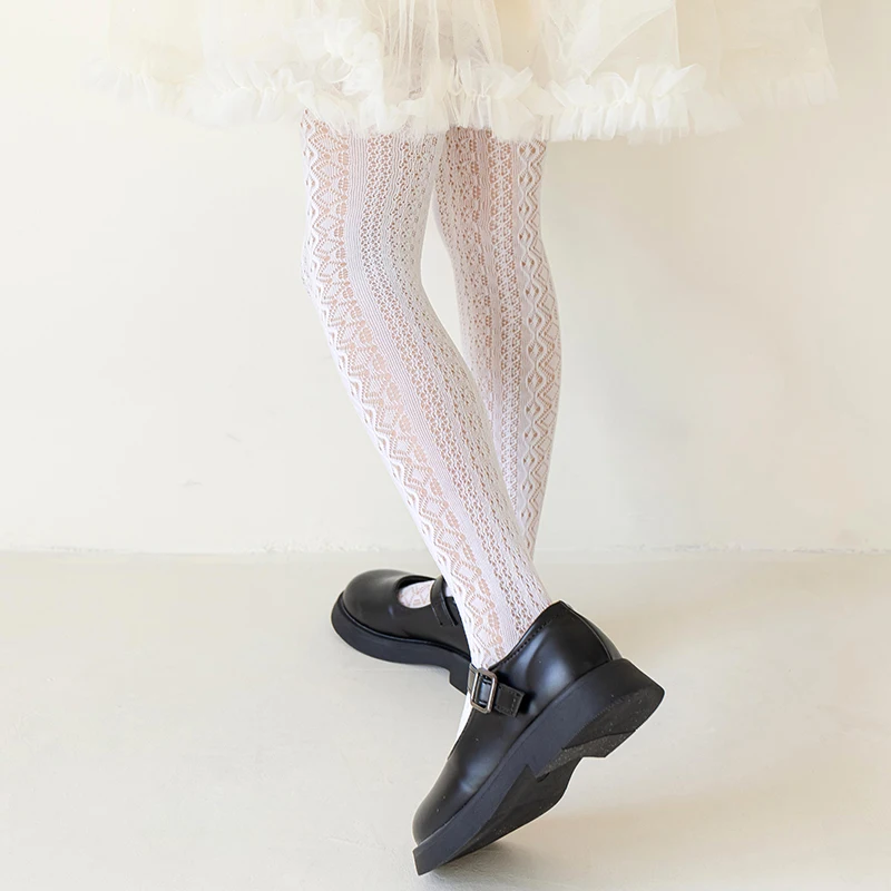 Lolita Girls Vertical Stripe Lace Mesh Pantyhose Cozy Wear Resistant Elastic Knit Elegant Sweet Princess Leggings