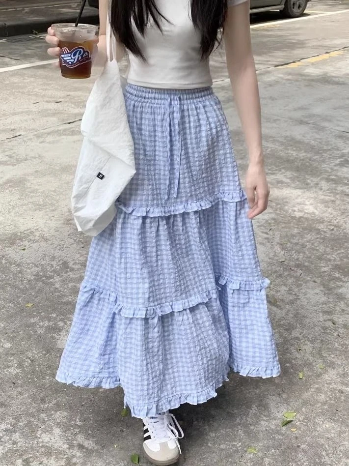 

Юбка в клетку с высокой талией, женская весна 2024, новинка Ele, длинное платье трапециевидной формы для похудения, нежная длинная юбка