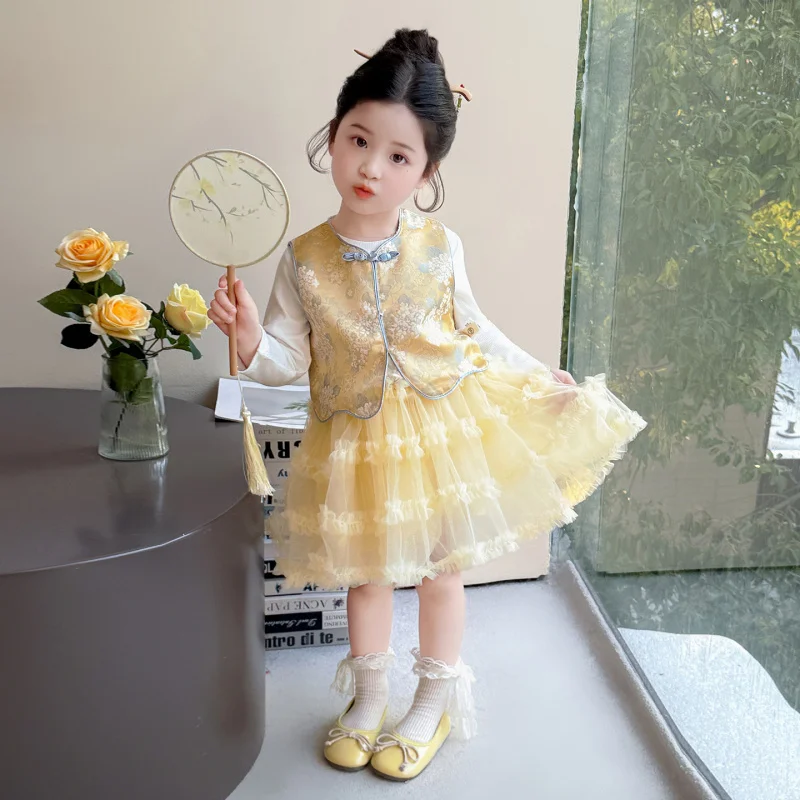 

Girls' Spring Cake Dress Set2026New stylish modern Chinese-style vest and skirt children's clothing for wholesale