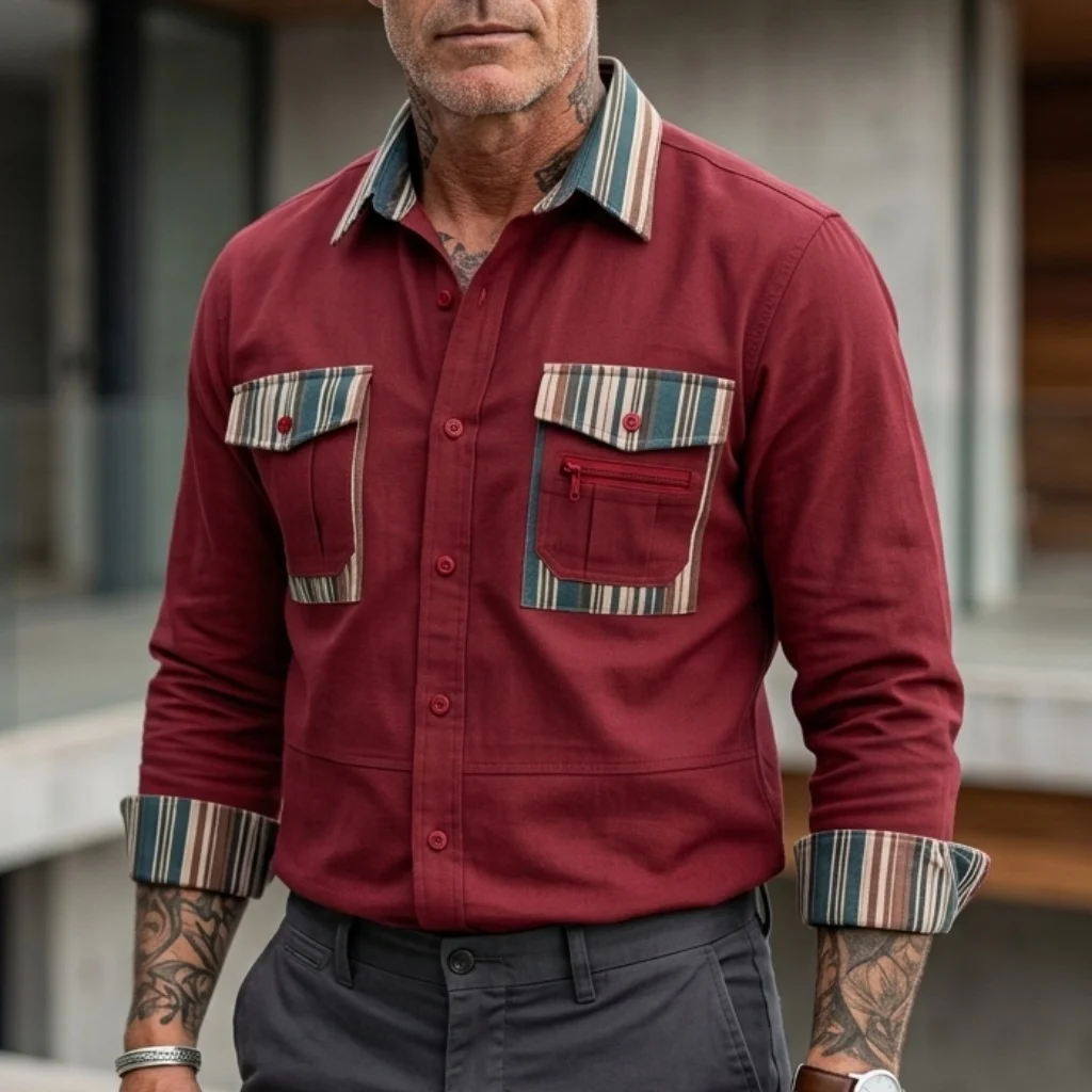 

American Retro Shirts Men's Clothing Cotton Linen Shirt Long Sleeve Lightweight Color Blocking Casual Outdoor Pocket T-Shirt Man