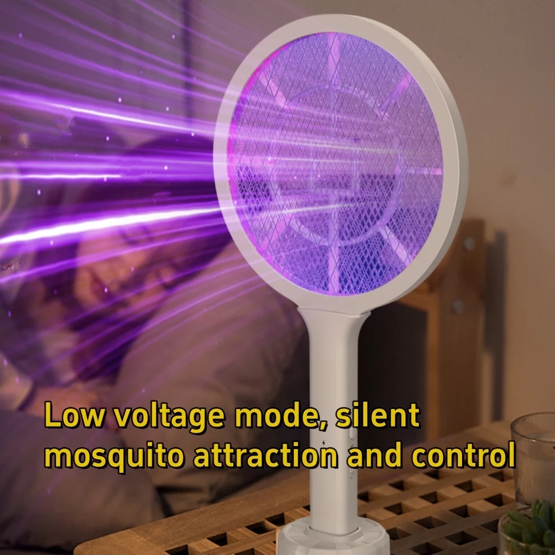 Dual Mode Mosquito Killer: Smart UV Lamp & Electric Swatter, 3-Layer Safe Grid, USB Rechargeable with Stand for Bedroom Home Use