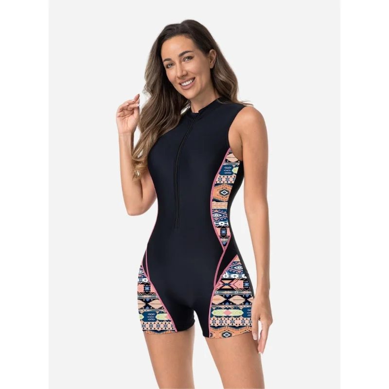 geometry-print-women-athletic-sport-swimsuit-front-zip-one-piece-swimwear-boyleg-bathing-suit